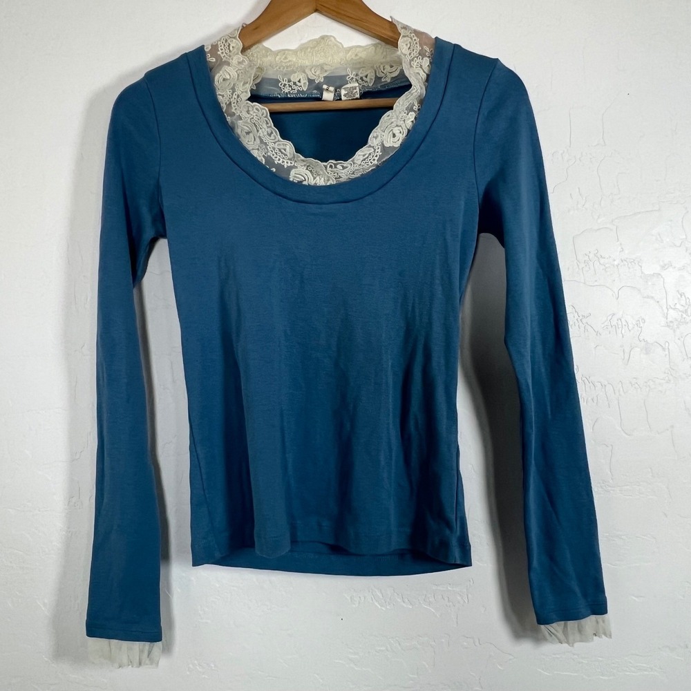 Moth Anthropologie Womens Blue Lace Trim Scoop Neck Long Sleeve Cotton Top Small